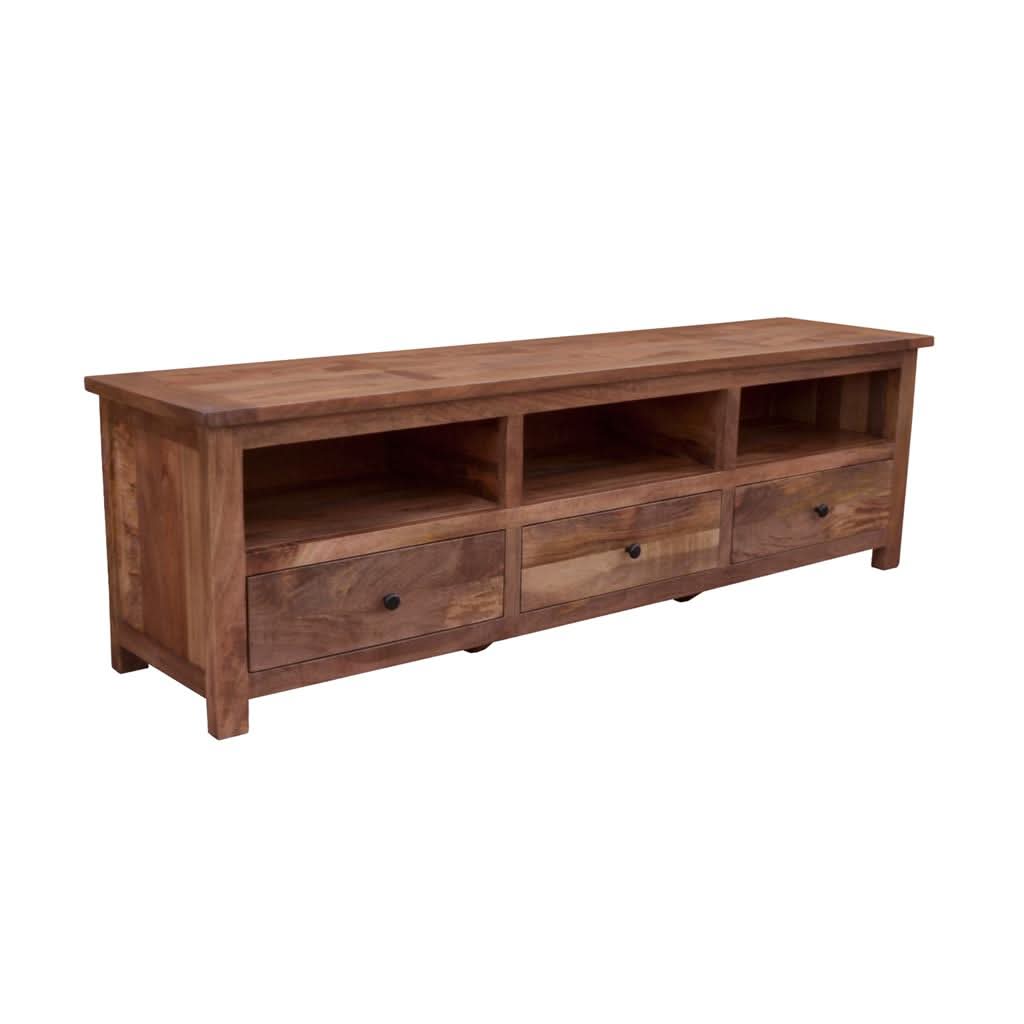 MyChocolateWood Kavala mango wood parquetry TV unit with three drawers in American oak color, showcasing a stylish and functional design.