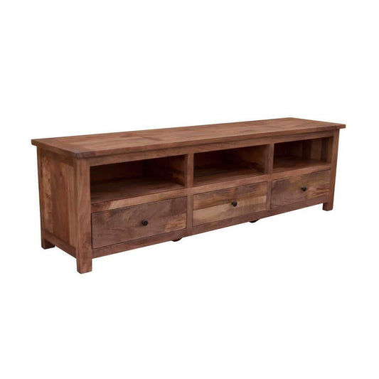 MyChocolateWood Kavala mango wood parquetry TV unit with three drawers in American oak color, showcasing a stylish and functional design.