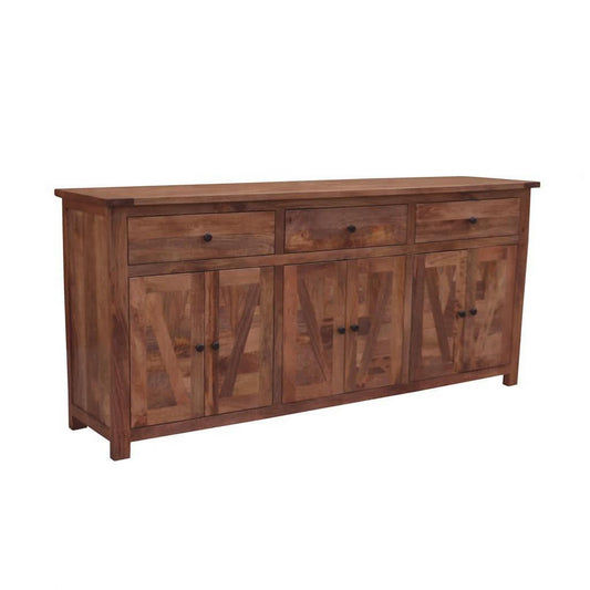 MyChocolateWood Kavala mango wood parquetry buffet in American oak color, showcasing intricate wood pattern and smooth finish.