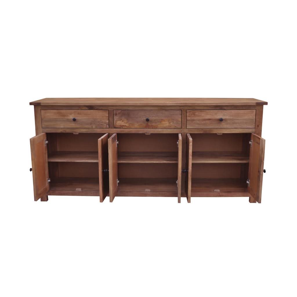 Kavala mango wood parquetry buffet by MyChocolateWood in American oak color, showcasing smooth wood finish and intricate pattern.
