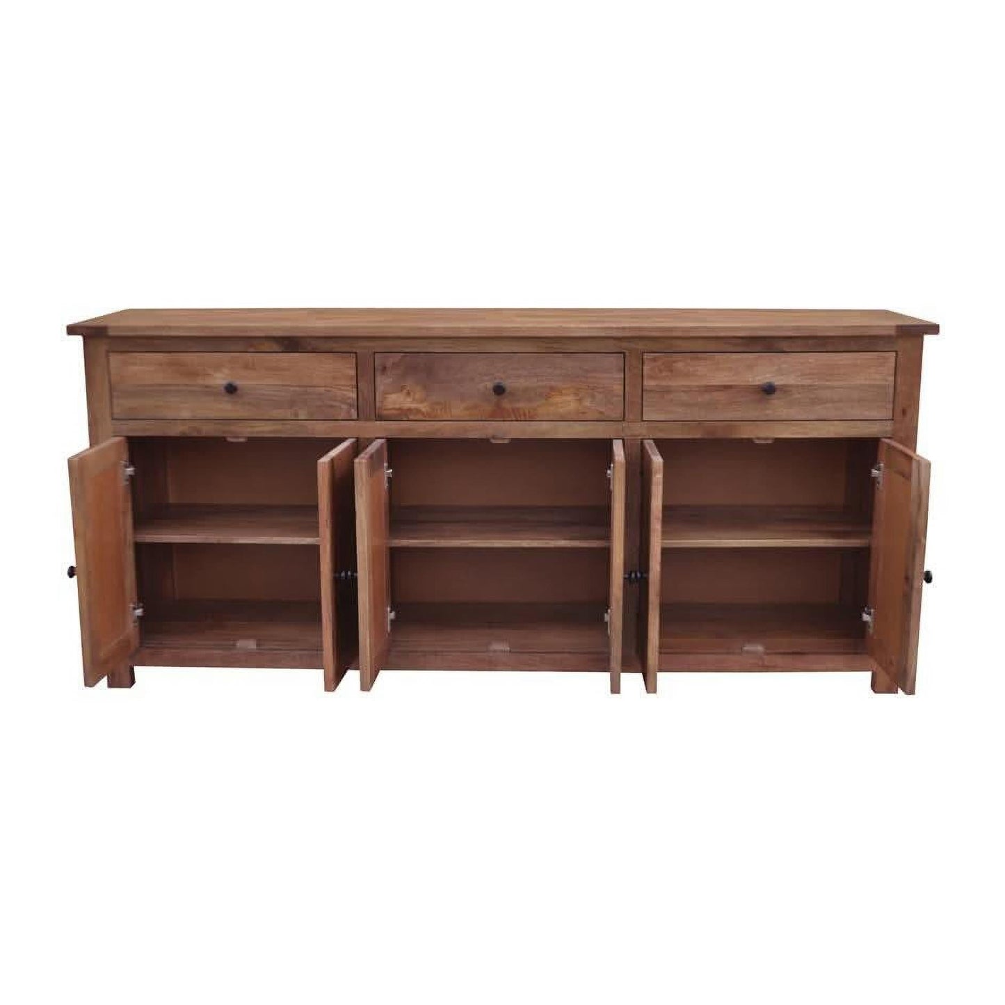 Kavala mango wood parquetry buffet by Chocolate Wood in American oak color, showcasing smooth wood finish and intricate pattern.