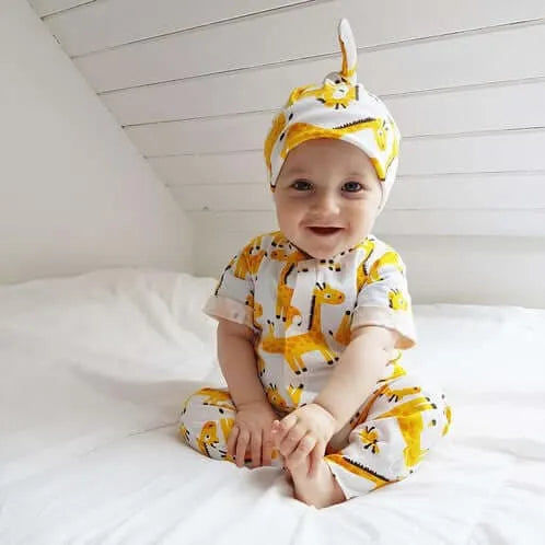Giraffe Print Baby Romper with Matching Knotted Hat