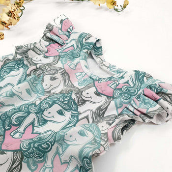 Lottie & Lysh candy unicorns organic zipless romper with shoulder ruffles