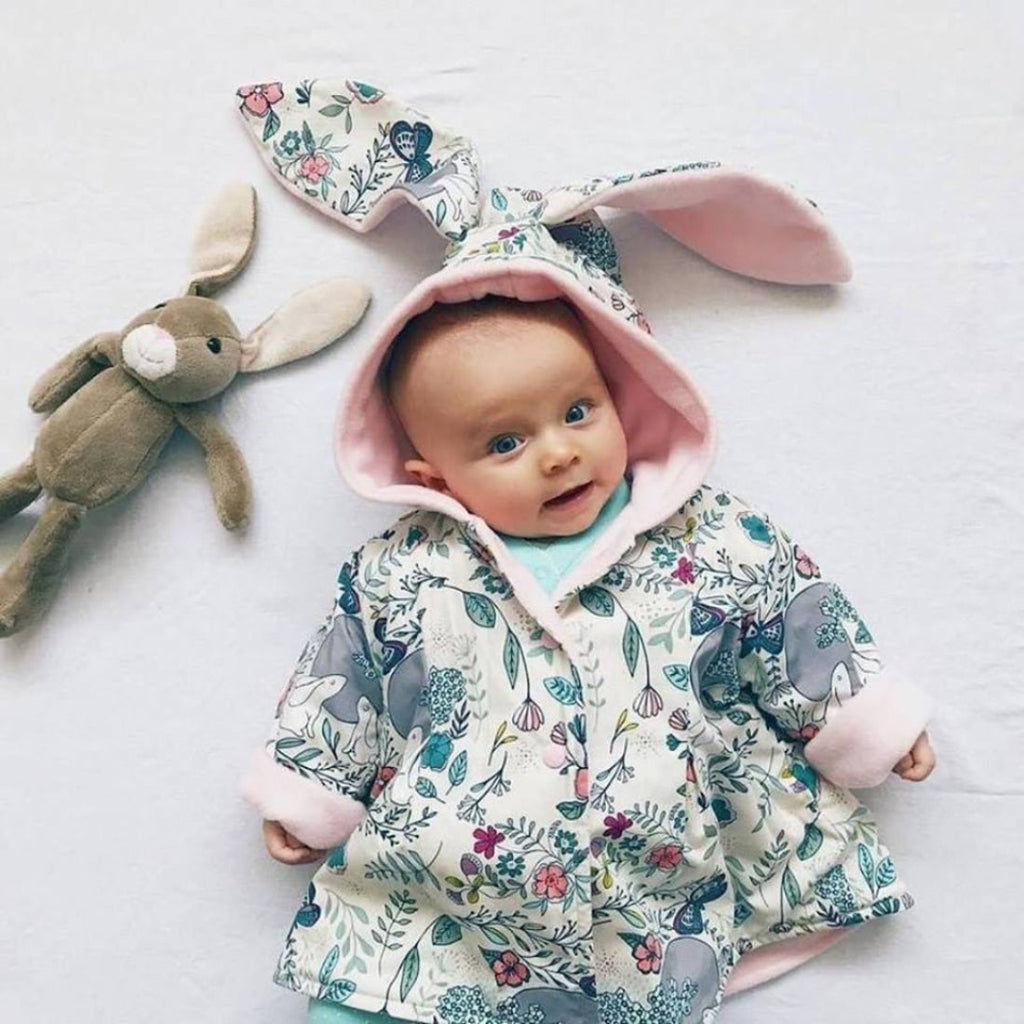 boutique baby clothes by Lottie & Lysh. Spring Scents Bonnie Bunny Jacket worn by an 8 month old baby girl