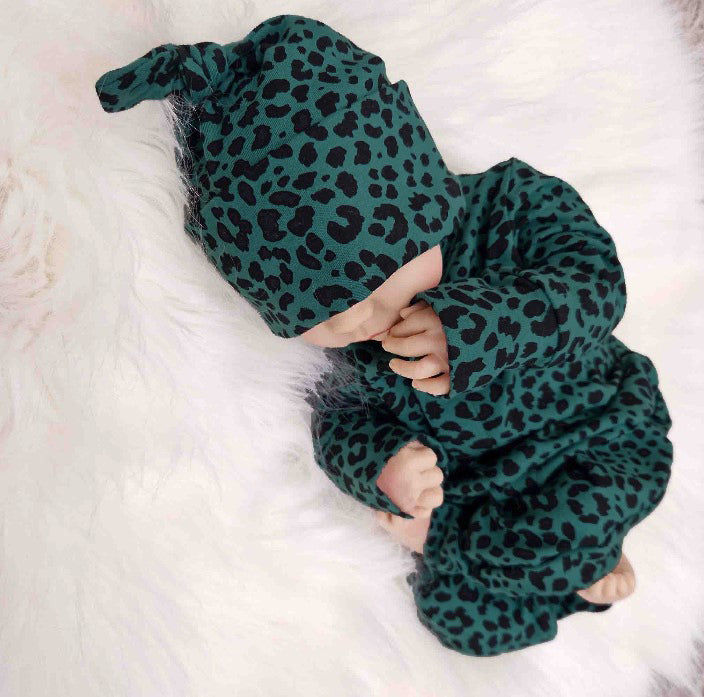 Green leopard print romper for newborn with matching hat