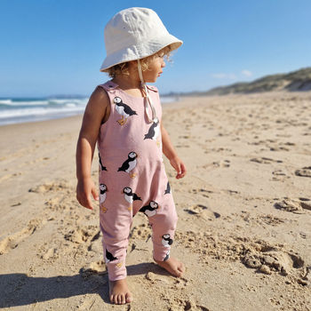 Toddler Summer Clothes - Lottie & Lysh Taupe Puffins Dungarees