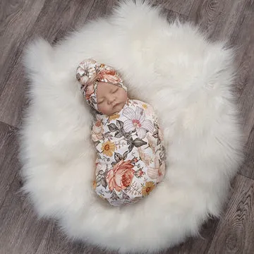 New baby floral swaddle gift set. Made in the UK
