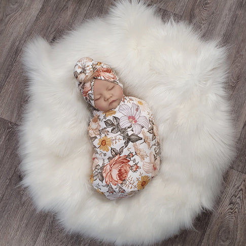 New baby floral swaddle gift set. Made in the UK