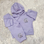 handmade kids loungewear. Lilac positivitea tracksuit by Lottie and Lysh