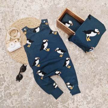 blue puffing print baby and toddler dungarees
