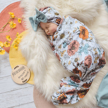 baby girl floral swaddle blanket and hat set