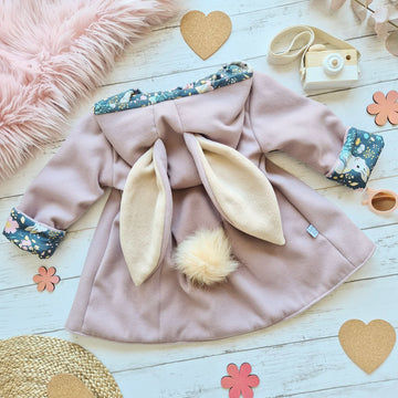 girls bunny jacket with bunny print lining and pom tail
