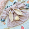 Mauve vegan wool girls bunny jacket with blue and floral bunny print lining and removeable pom tail