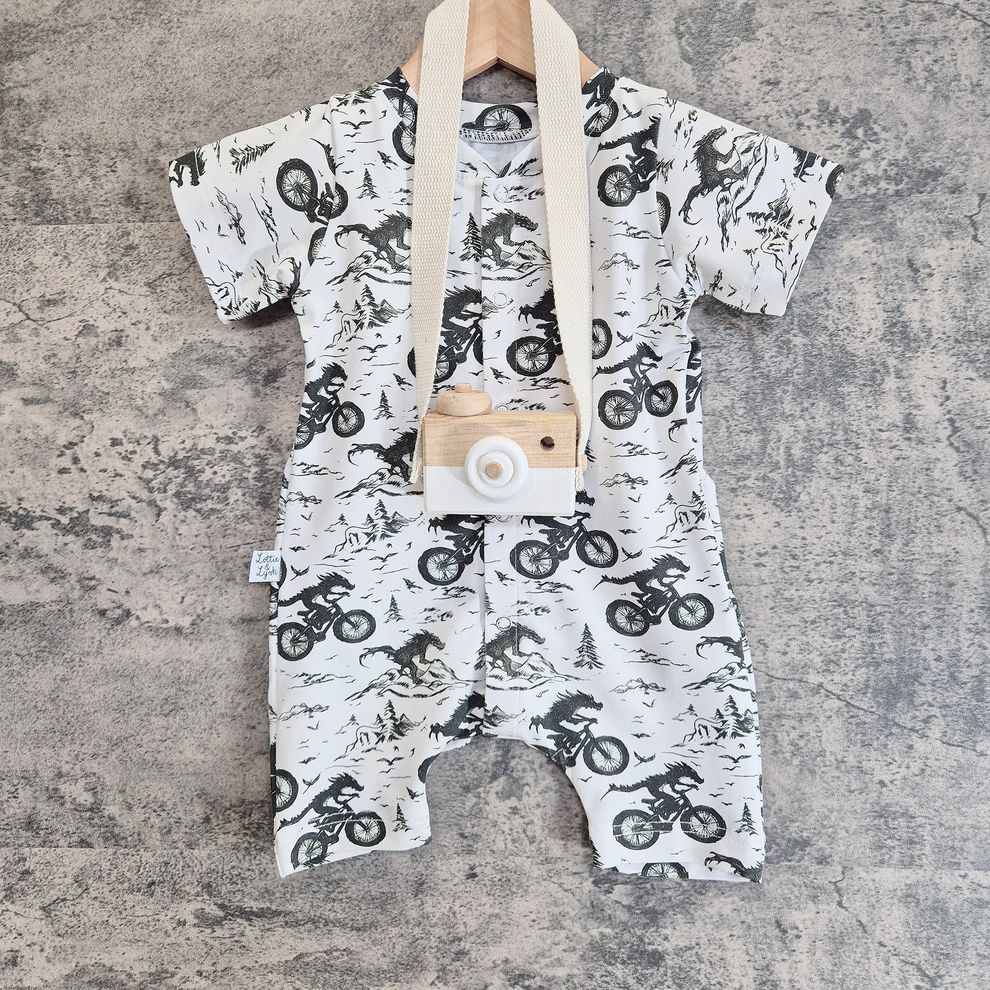 Dragons on BMX bikes shortie popper romper