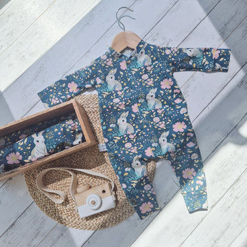 floral bunny print baby romper ethically made in Cornwall by Lottie & Lysh