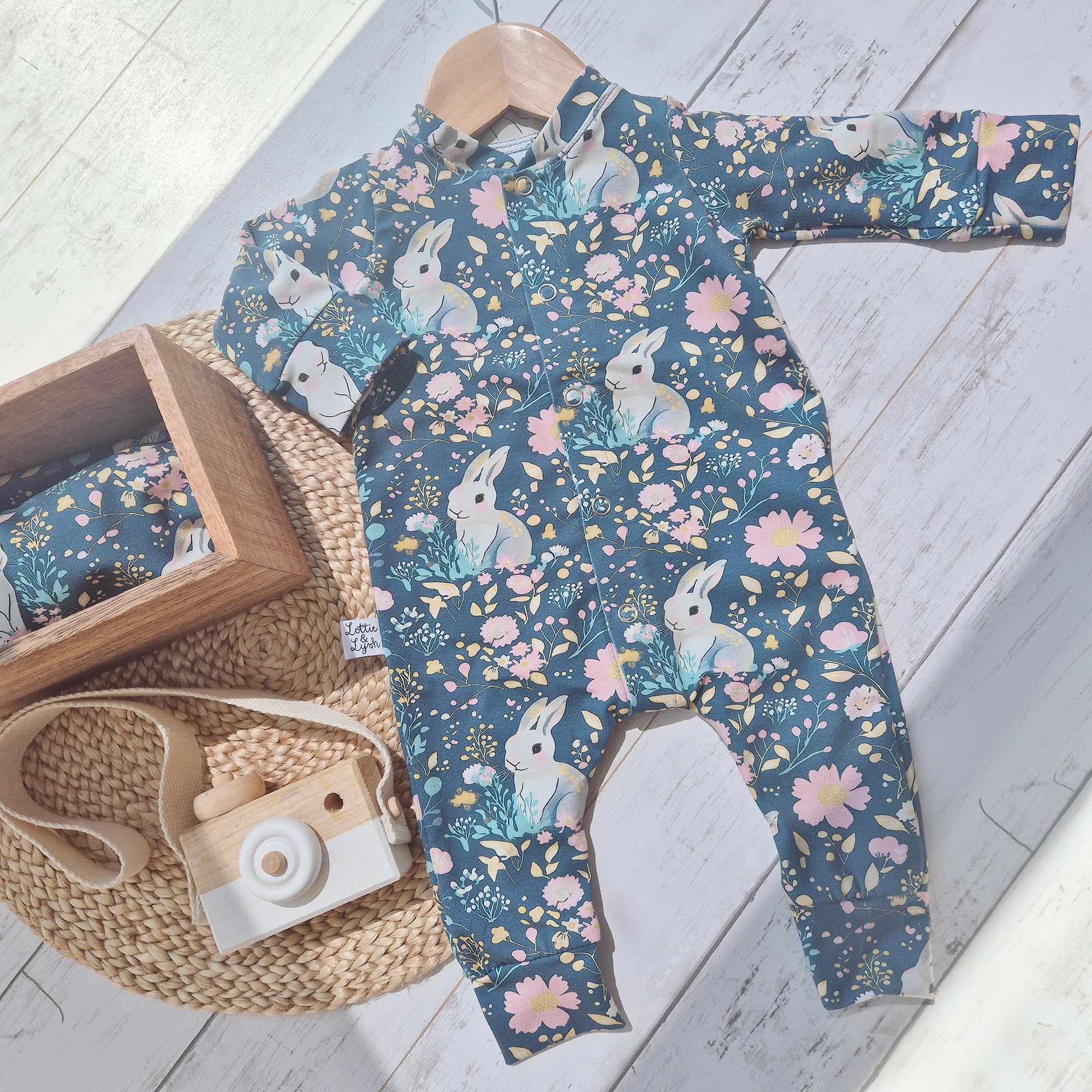 Handmade bunny print babygrow by Lottie & Lysh