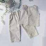 Kids cotton outfit with pinstripe detail. Waistcoat and trousers handmade in Cornwall 
