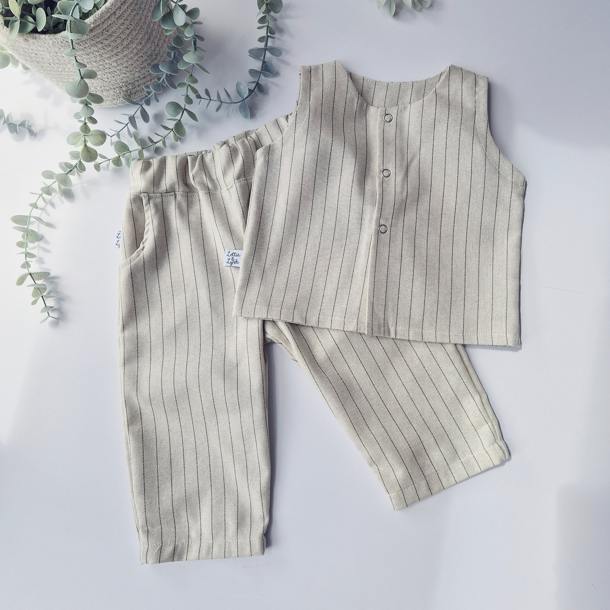 Kids cotton outfit with pinstripe detail. Waistcoat and trousers handmade in Cornwall
