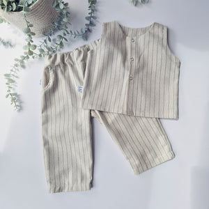 Kids cotton outfit with pinstripe detail. Waistcoat and trousers handmade in Cornwall 