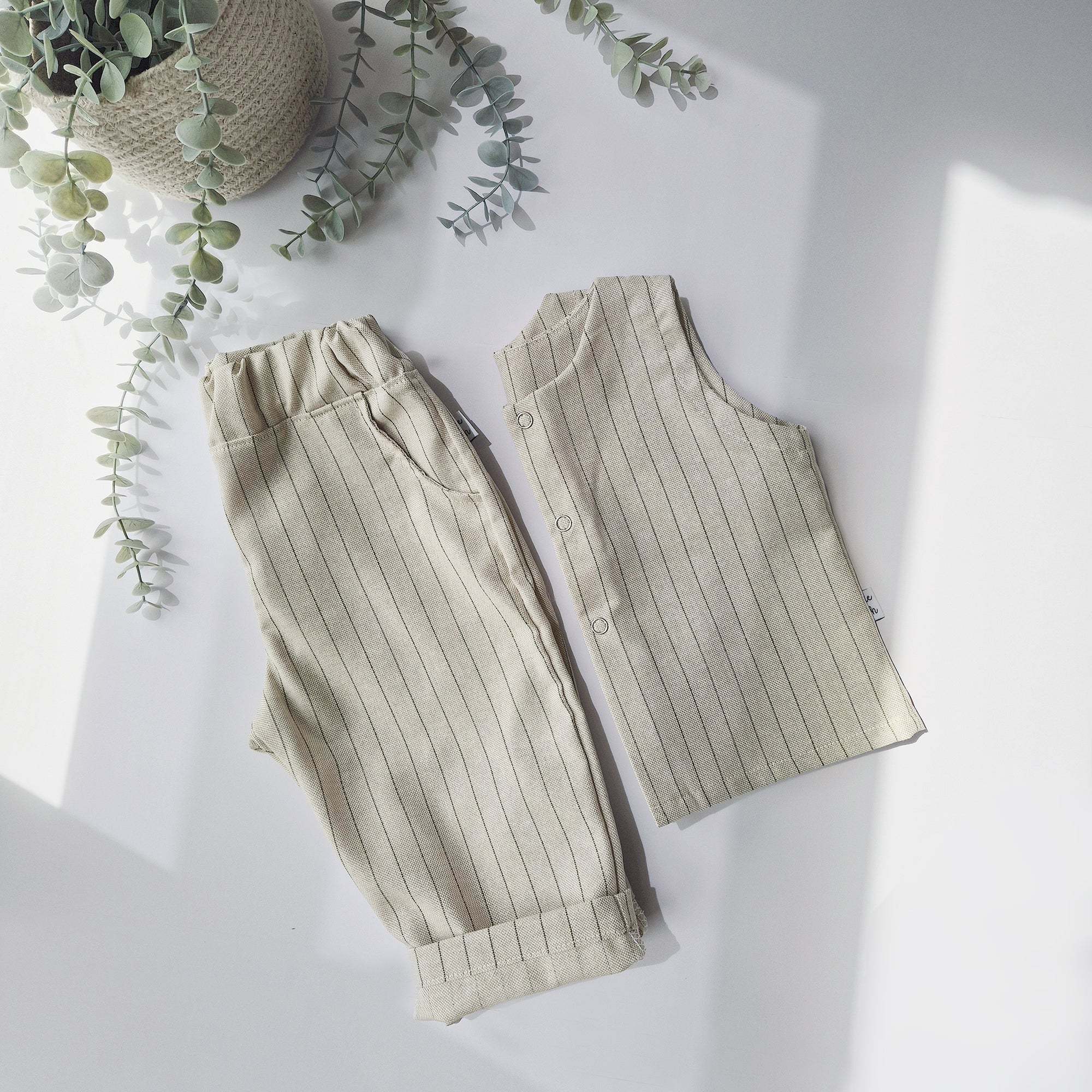Kids pinstripe waistcoat and trousers. Ethically handmade by Lottie & Lysh in the UK