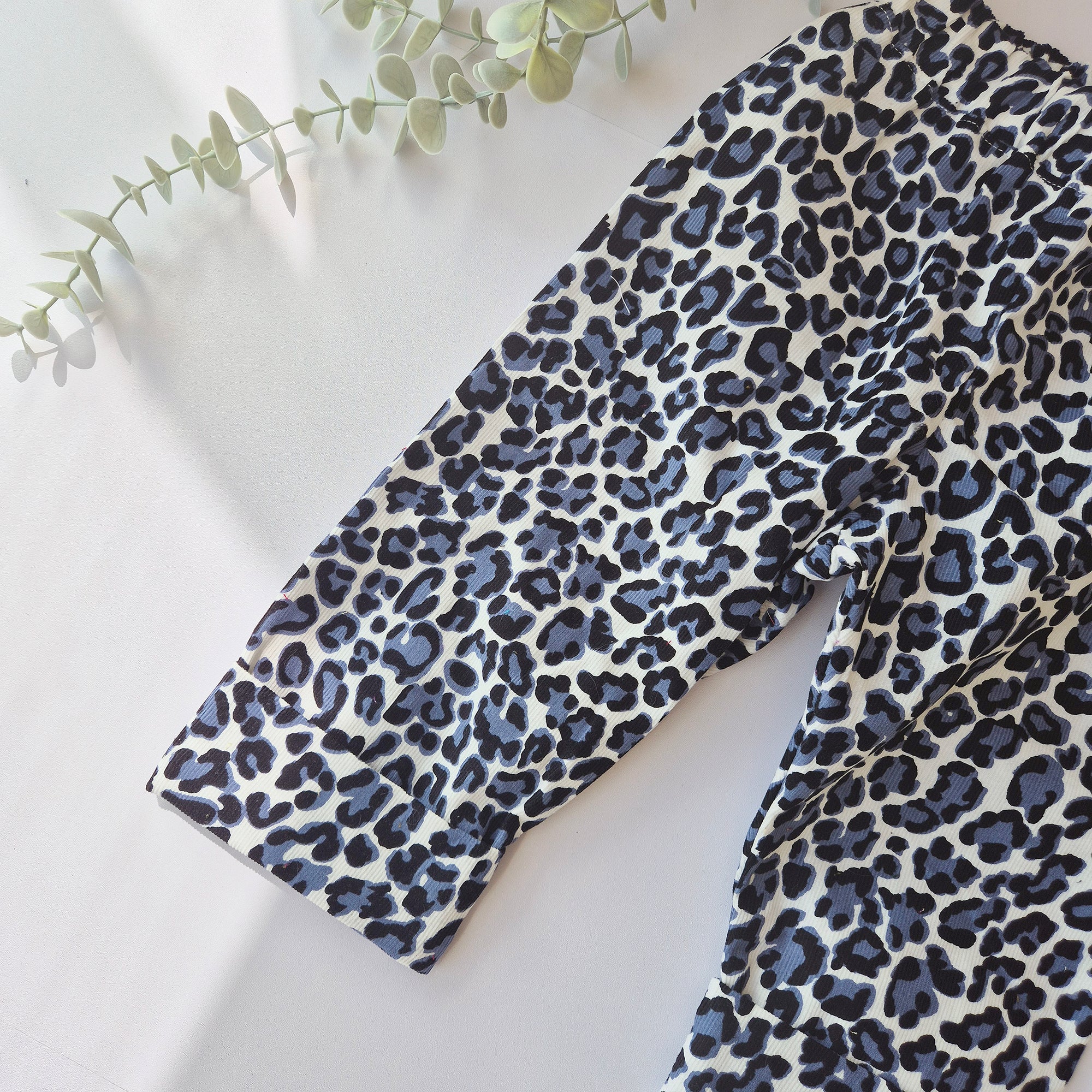 blue and white cord leopard print kids baggy trousers
