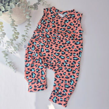 coral leopard print baby and toddler romper for Summer.