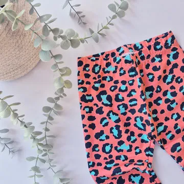 orange and blue leopard print leggings for babies and kids. Handmade in the UK by Lottie & Lysh