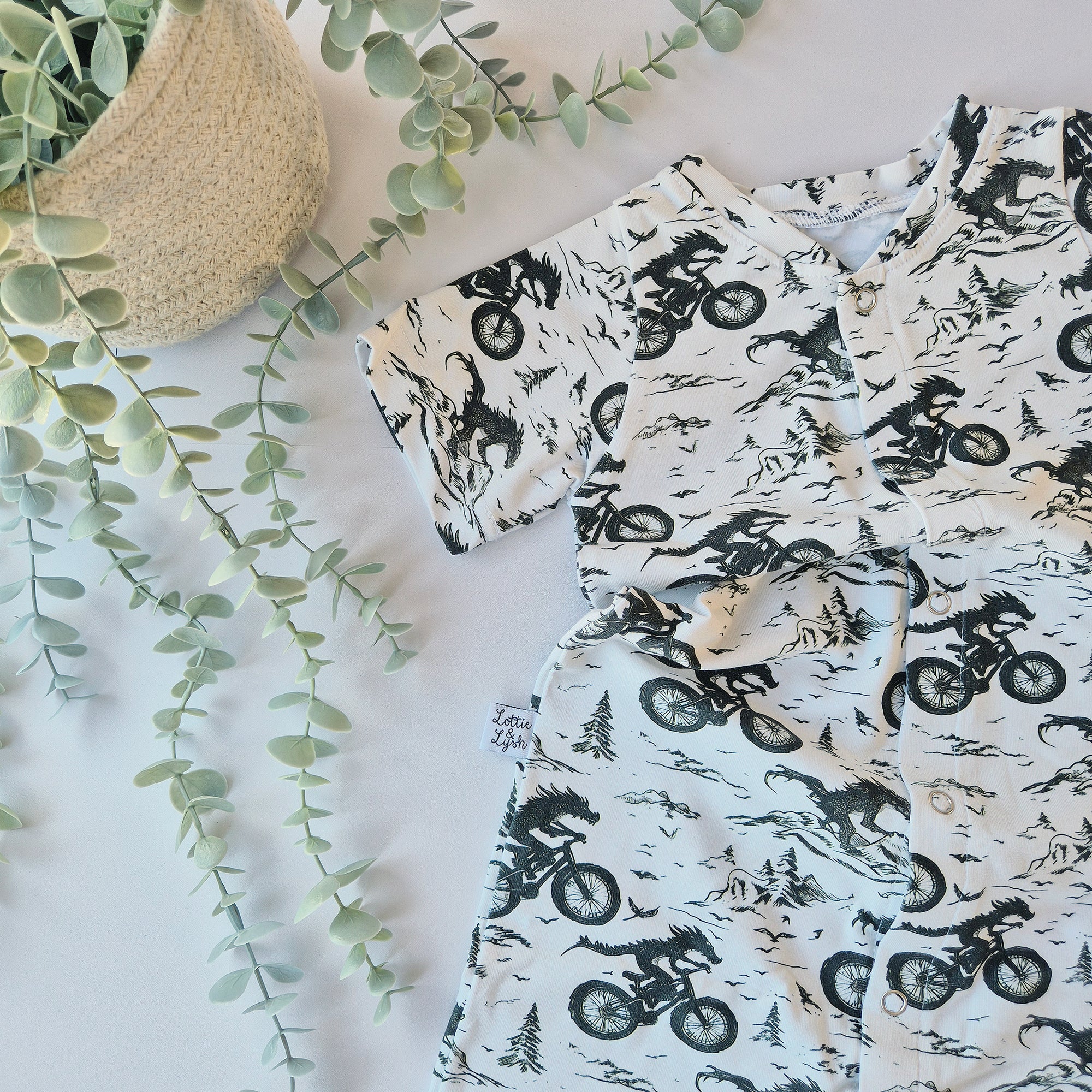 Dragons riding bikes printed kids summer shortie romper