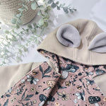 Kids bear coat with cute bear ears on the hood. Handmade in the UK by Lottie & Lysh. Available in sizes 0-6 years