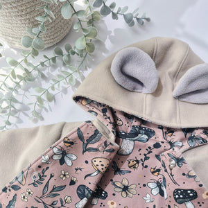 Kids bear coat with cute bear ears on the hood. Handmade in the UK by Lottie & Lysh. Available in sizes 0-6 years