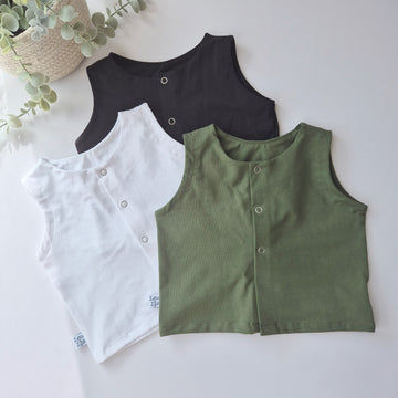 3 pack of popper front vests for kids in black, white and olive green.