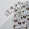 Baby onesie with fox pattern on a light gray background