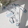 Baby onesie with text and matching headband on a light surface with greenery.