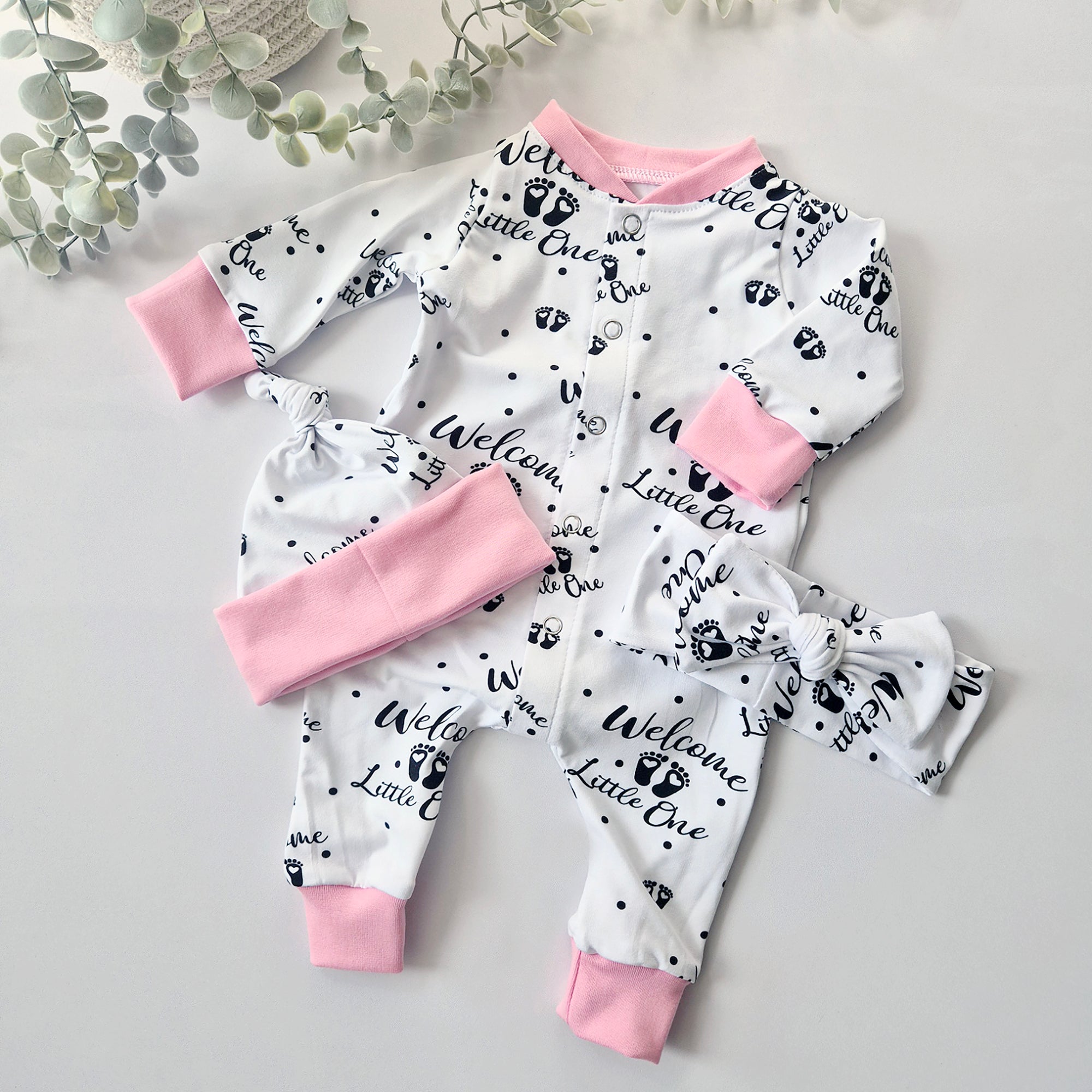 Welcome Little one new baby coming home outfit for baby girl 
with baby pink trims