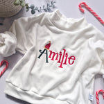 White sweatshirt with 'personalised' design on a light gray surface with candy canes and a hat.