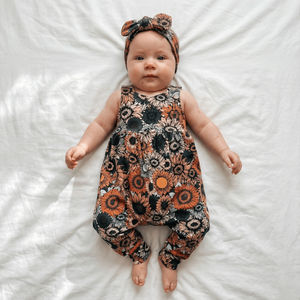 burnt floral gathered romper and headband set.