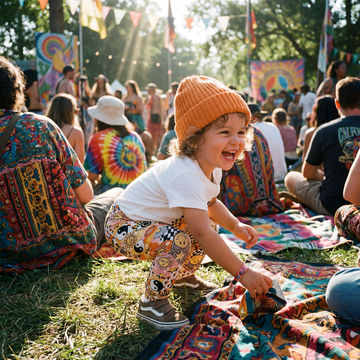toddler wearing 70s print leggings in a festival