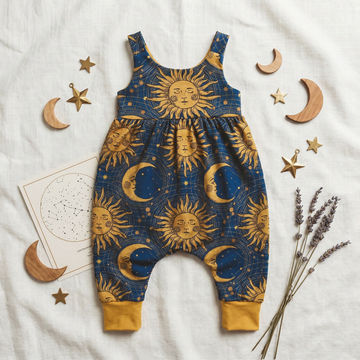 Children's overalls with celestial design on a white background with decorative elements.