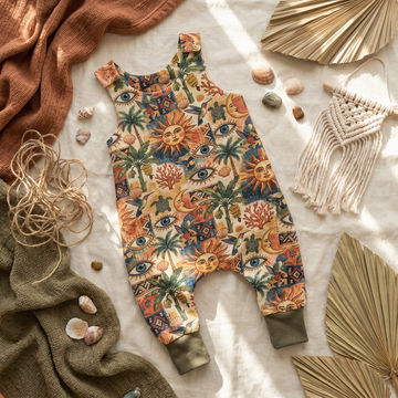 Colorful patterned romper on a textured surface with natural elements