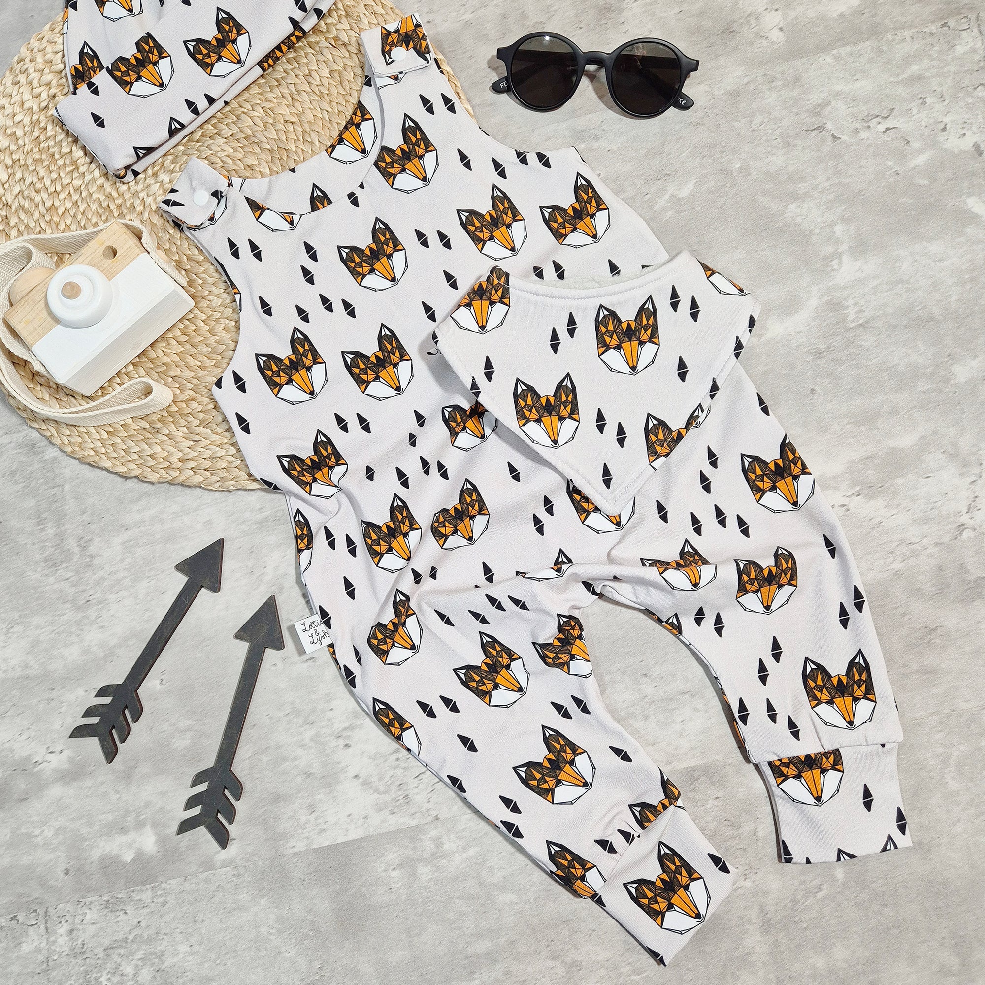 Geometric fox printed baby and toddler dungarees