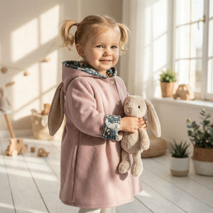 Little girl wearing mauve vegan wool bunny jacket with floral lining.