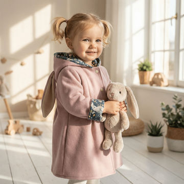 Little girl wearing mauve vegan wool bunny jacket with floral lining.