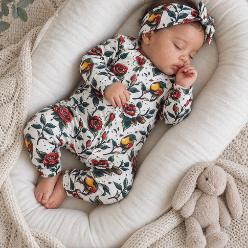 Tattoo and rose printed sleepsuit with matching headband 
