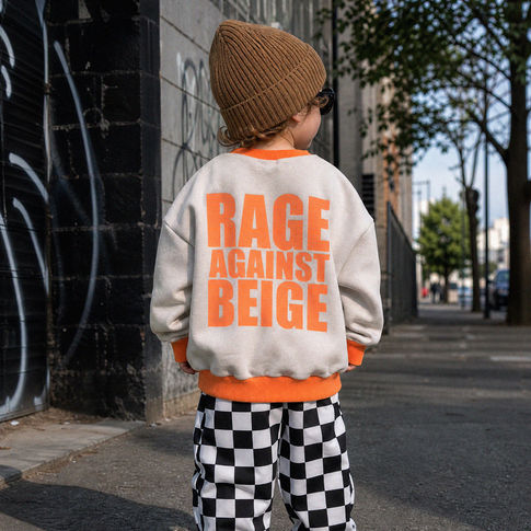 A child standing outdoors on a city street, viewed from behind, wearing a cream sweatshirt with bold orange text reading 'RAGE AGAINST BEIGE' and bright orange ribbed trim, a brown knit beanie, and black-and-white checkered pants.