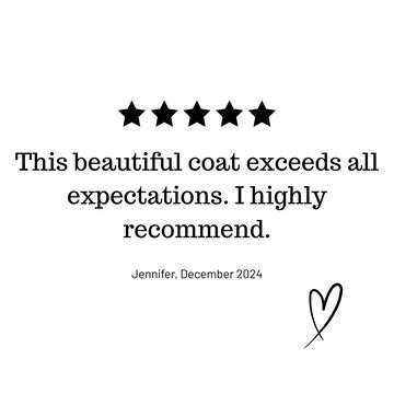 Five-star review for a coat with a heart symbol and name 'Jennifer' on a white background