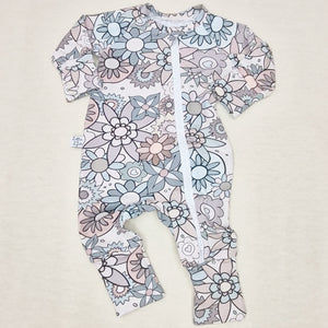 pastel retro floral printed zipped sleepsuit for baby girls