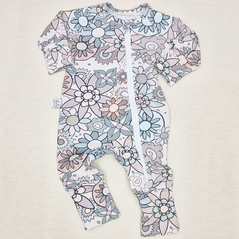 pastel retro floral printed zipped sleepsuit for baby girls