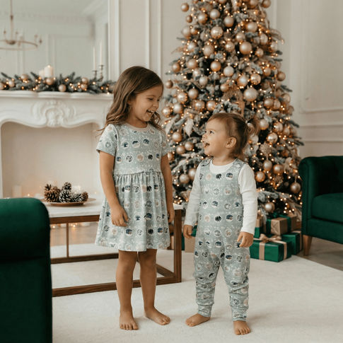 Two children in matching outfits standing in a festive living room with a decorated Christmas tree.