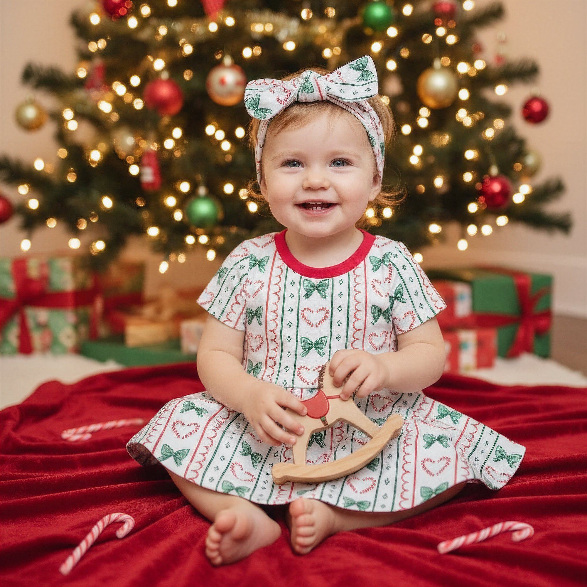 Child in a festive dress with a Christmas tree and presents in the background