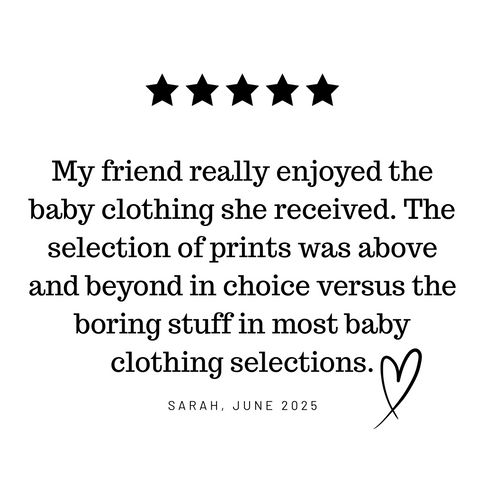 Five-star review for baby clothing with text praising the selection.